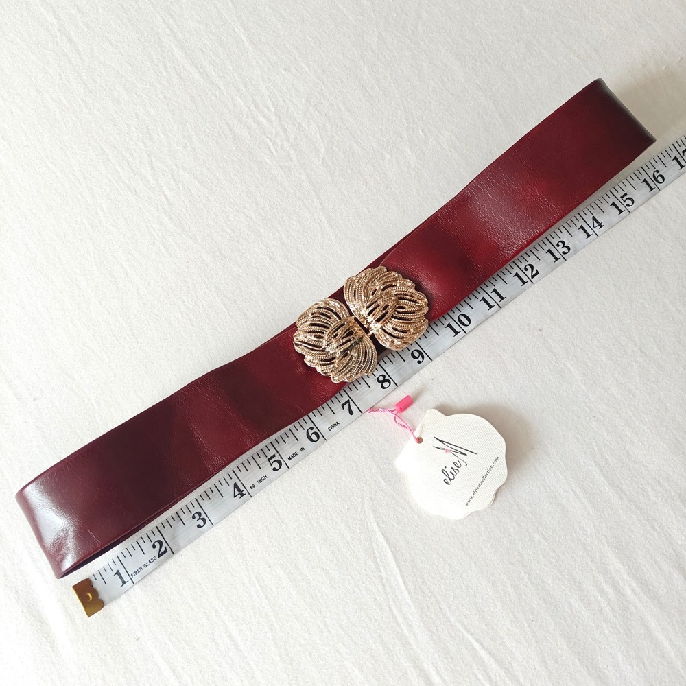 Elise M Bella Wine Burgundy Leather Belts Wide Waist Gold Buckle Size M/L New - Picture 5 of 5